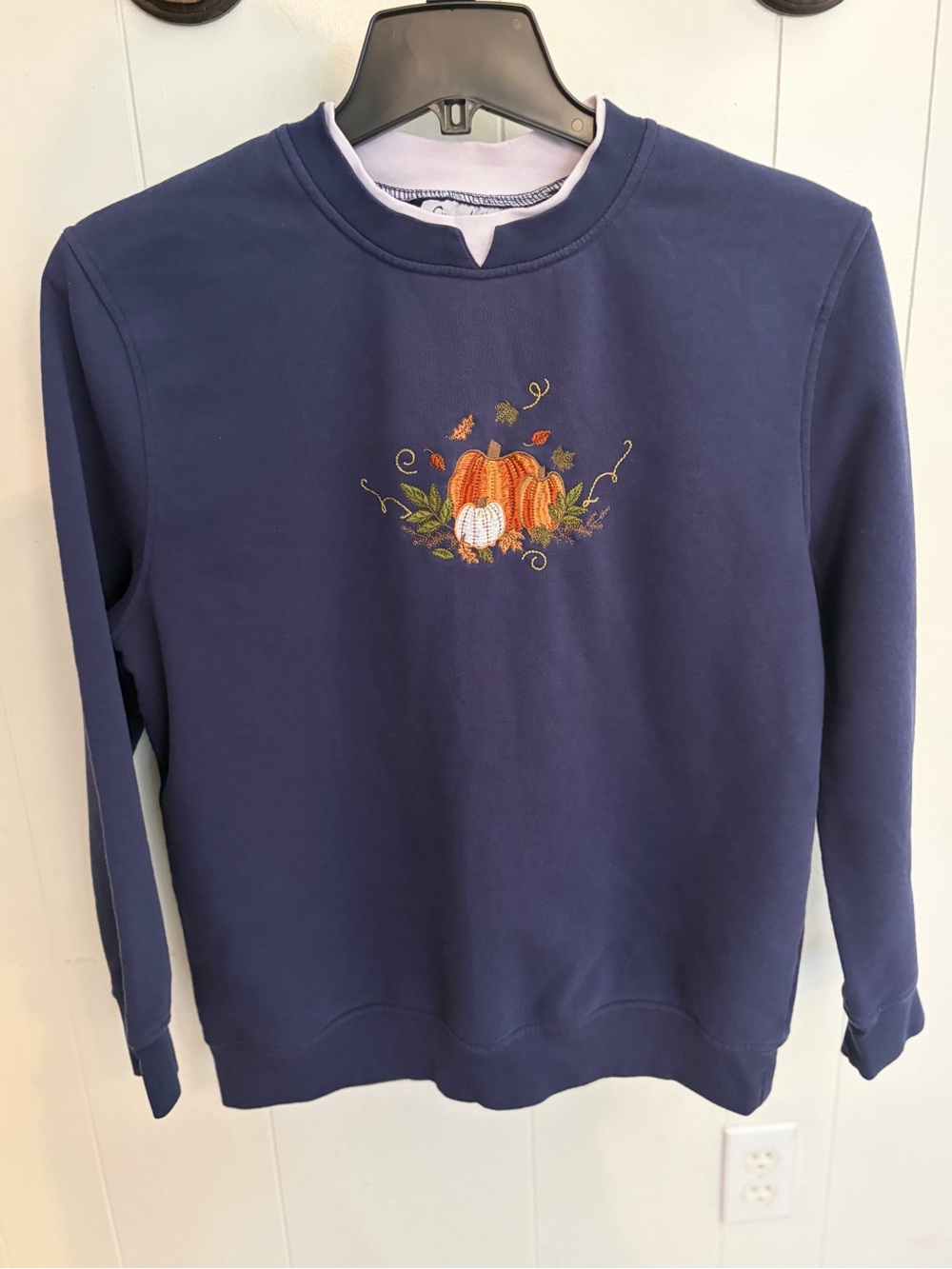 Navy Crewneck Sweater with Pumpkin Embroidery